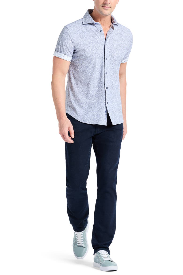 Scrawl Knit Short Sleeve Button-Up Shirt, Alternate, color, NAVY