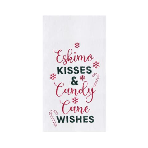 "Kisses & Candy Cane Wishes" Sentiment with Candy Canes Cotton Flour Sack Kitchen Dish Towel  27L x 18W in.