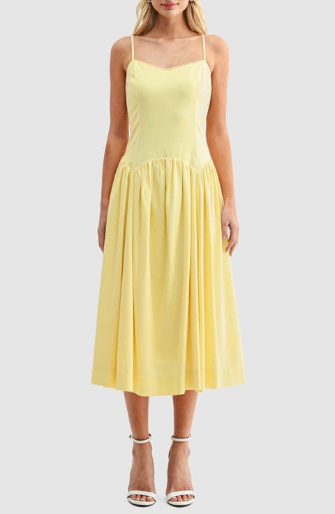 Drop Waist Cotton & Linen Midi Dress