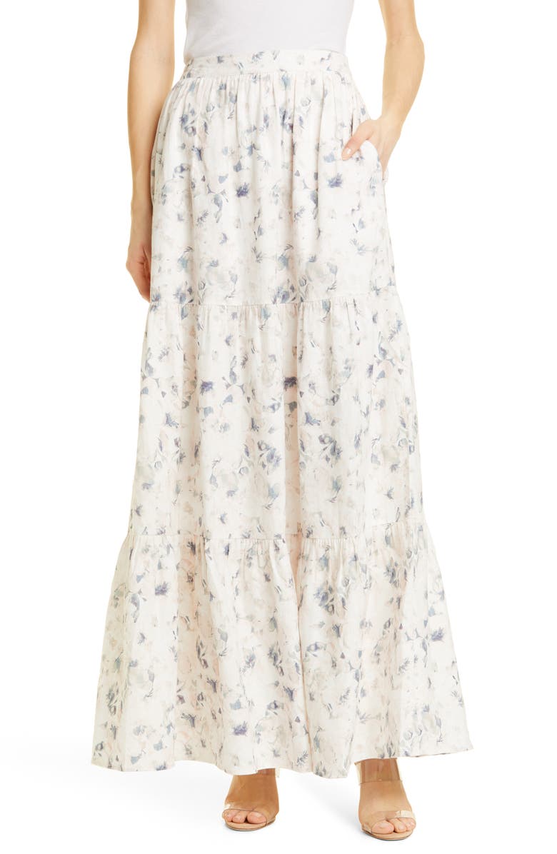 CAMI NYC Nori Floral Tiered Linen Skirt, Main, color, 