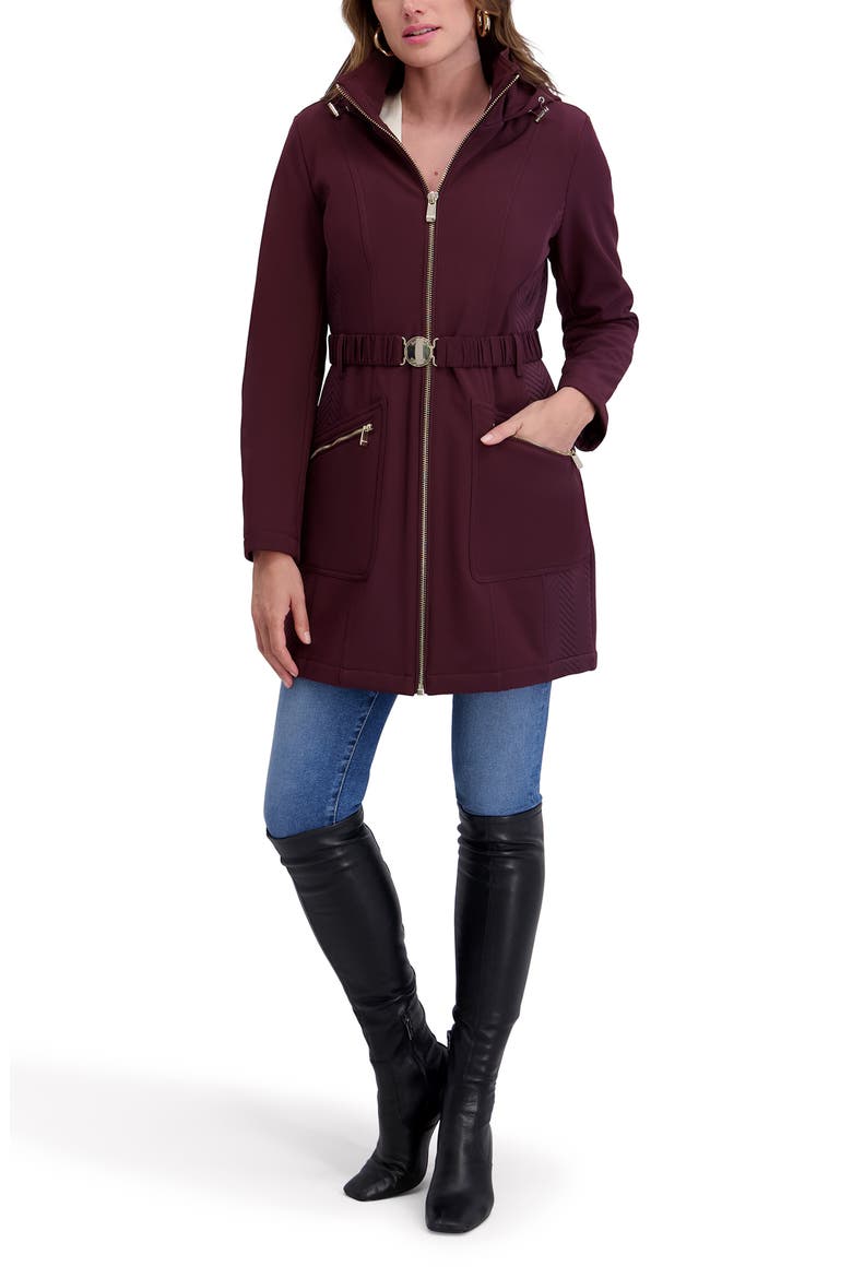 Soft Shelled Hooded Belted Zip-Up Coat, Alternate, color, BURGUNDY