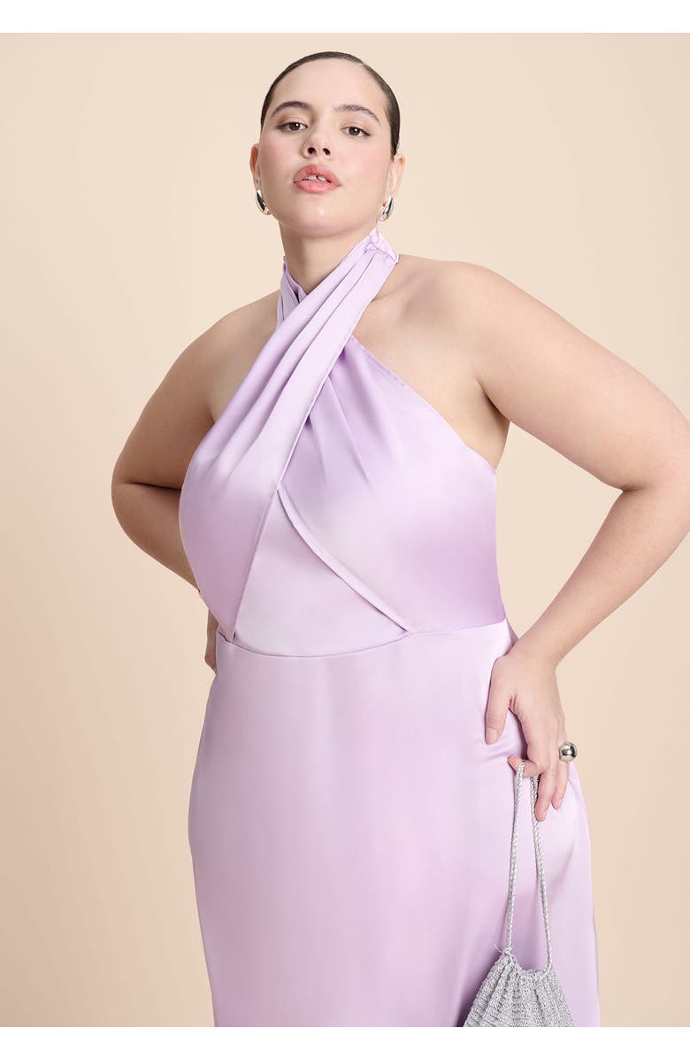 ELOQUII Halter Neck Satin Maxi Dress, Alternate, color, Lavendula