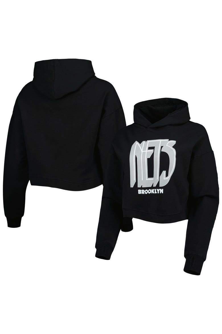 Women's Lusso Black Brooklyn Nets Layla World Tour Cropped Pullover Hoodie, Main, color, Black