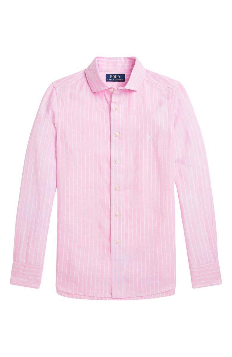 Polo Ralph Lauren Kids' Stripe Linen Button-Up Shirt, Main, color, 
