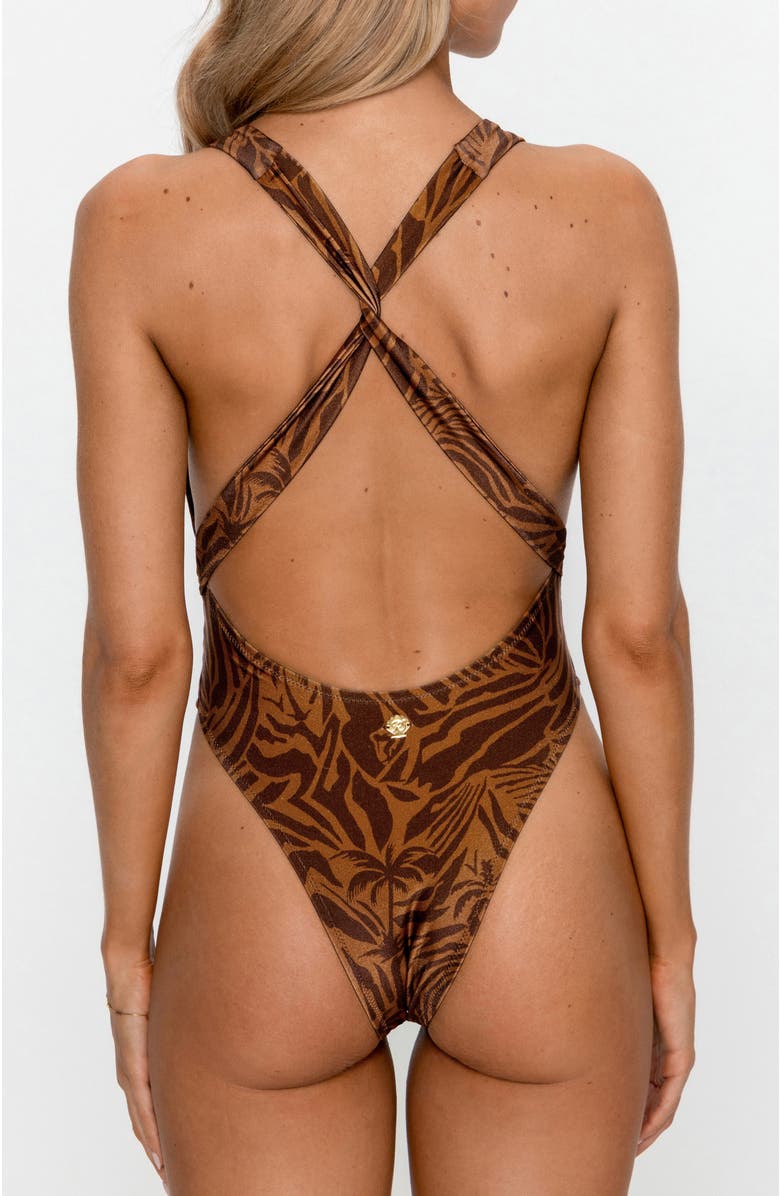 PS By Cupshe Cross Back Wrap Waist High Cut One-Piece Swimsuit, Alternate, color, Brown