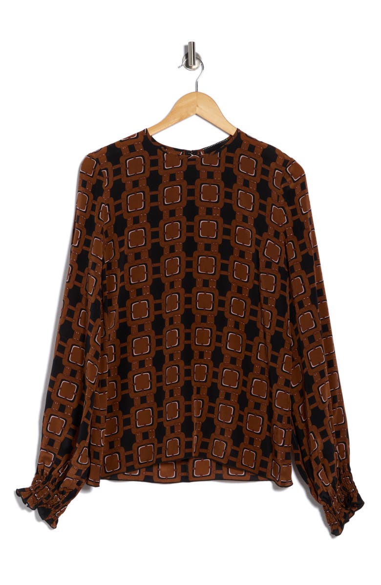 Longchamp Smocked Cuff Silk Blouse, Alternate, color, Cognac