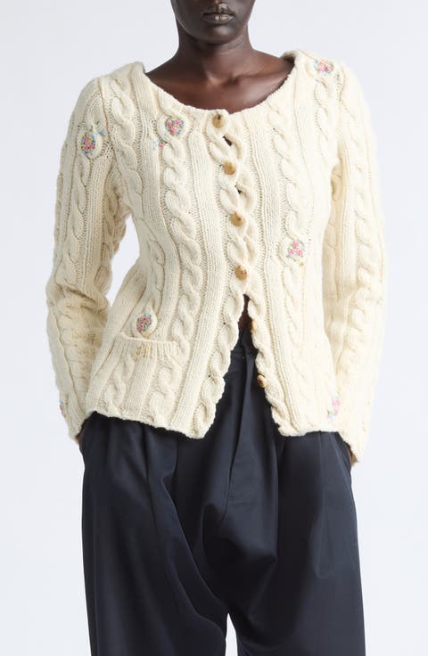 Blooming Floral Embroidered Cable Cardigan