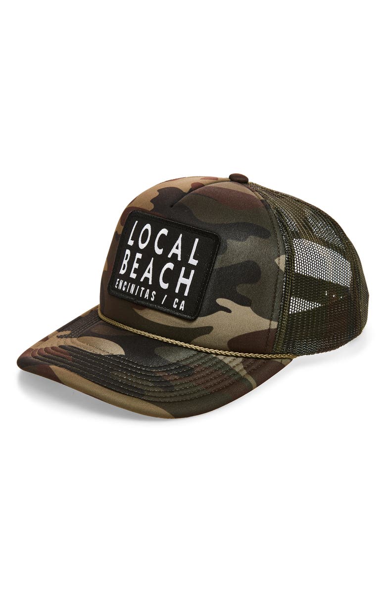 Local Beach Logo Patch Trucker Hat, Main, color, Camo