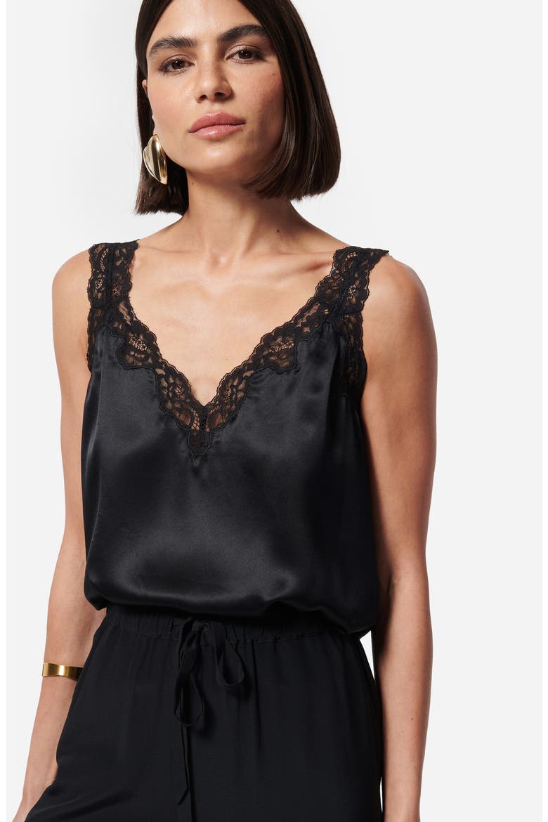 Fernanda Lace Trim Silk Charmeuse Tank, Alternate, color, BLACK