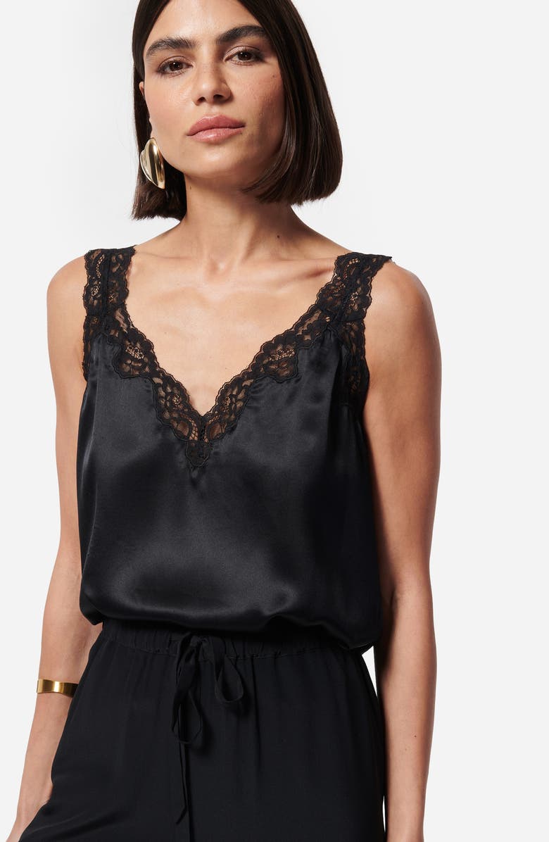 CAMI NYC Fernanda Lace Trim Silk Charmeuse Tank, Alternate, color, Black