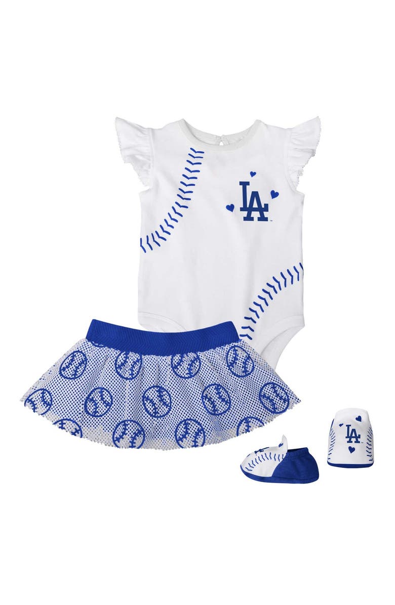 Outerstuff Girls Infant White/Royal Los Angeles Dodgers Sweet Spot Three-Piece Bodysuit Skirt & Booties Set, Alternate, color, 