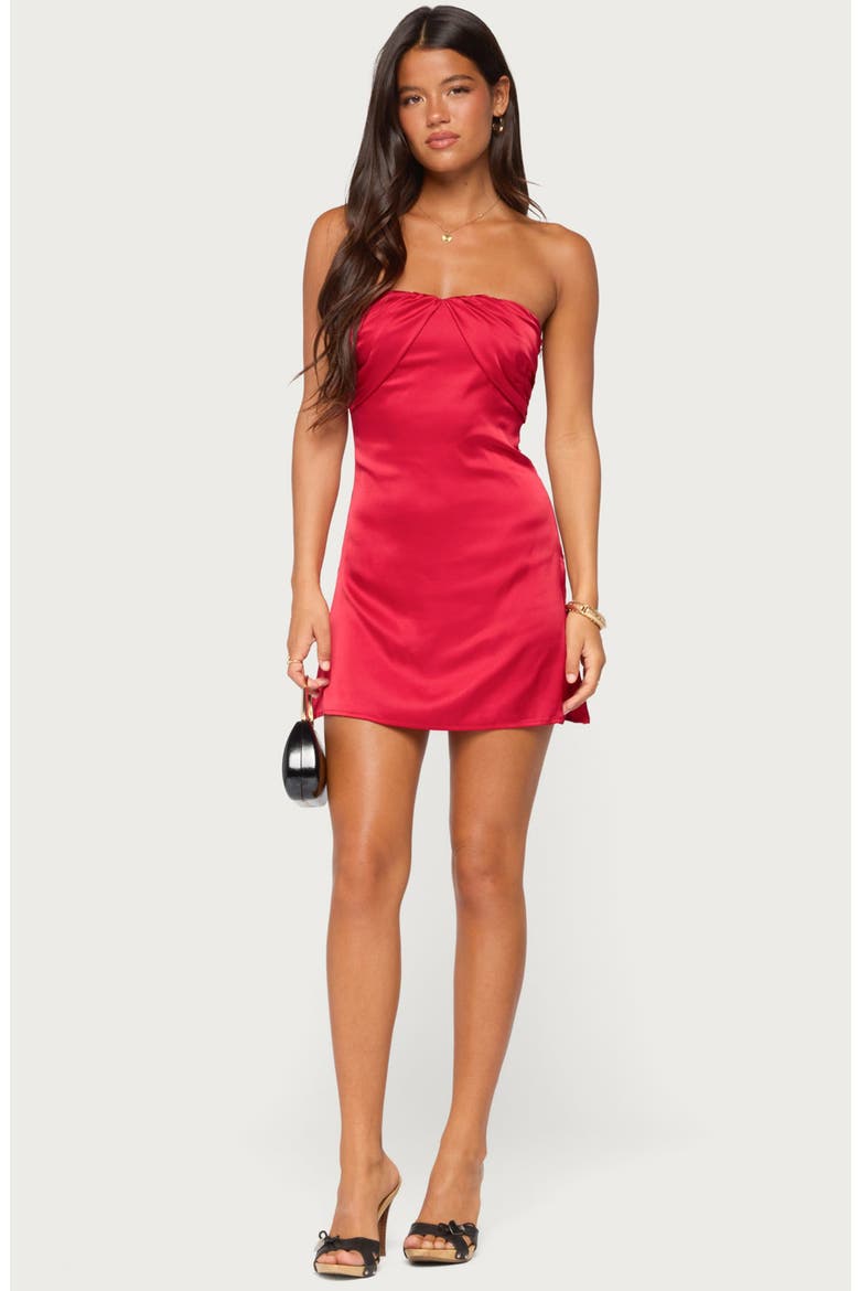 Nali Strapless Satin Minidress, Alternate, color, BURGUNDY