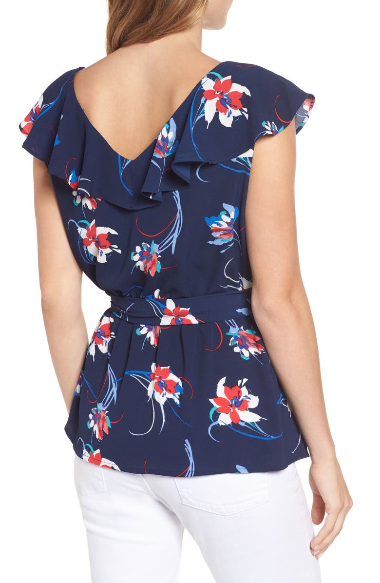 Halogen<sup>®</sup> Ruffled Tie Waist Top, Alternate, color, Navy Print