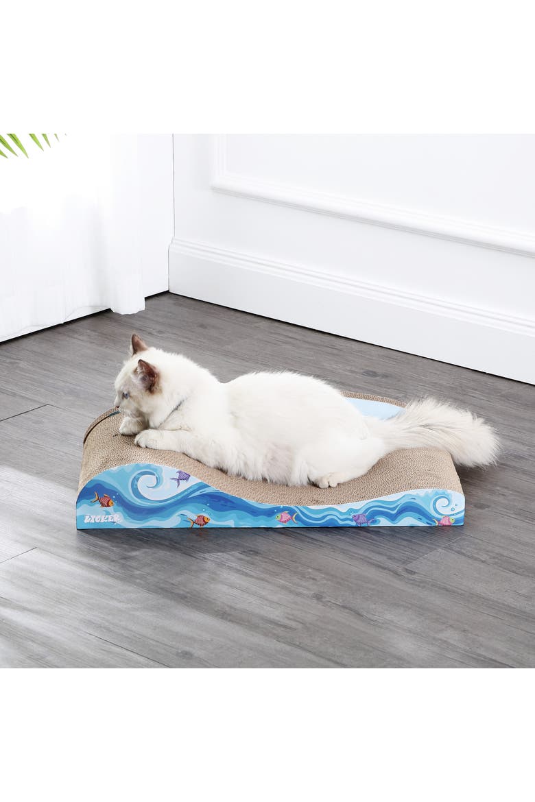Kokomo Coastal Cardboard Lounge Bed Cat Scratcher with Catnip, Alternate, color, Blue/Orange