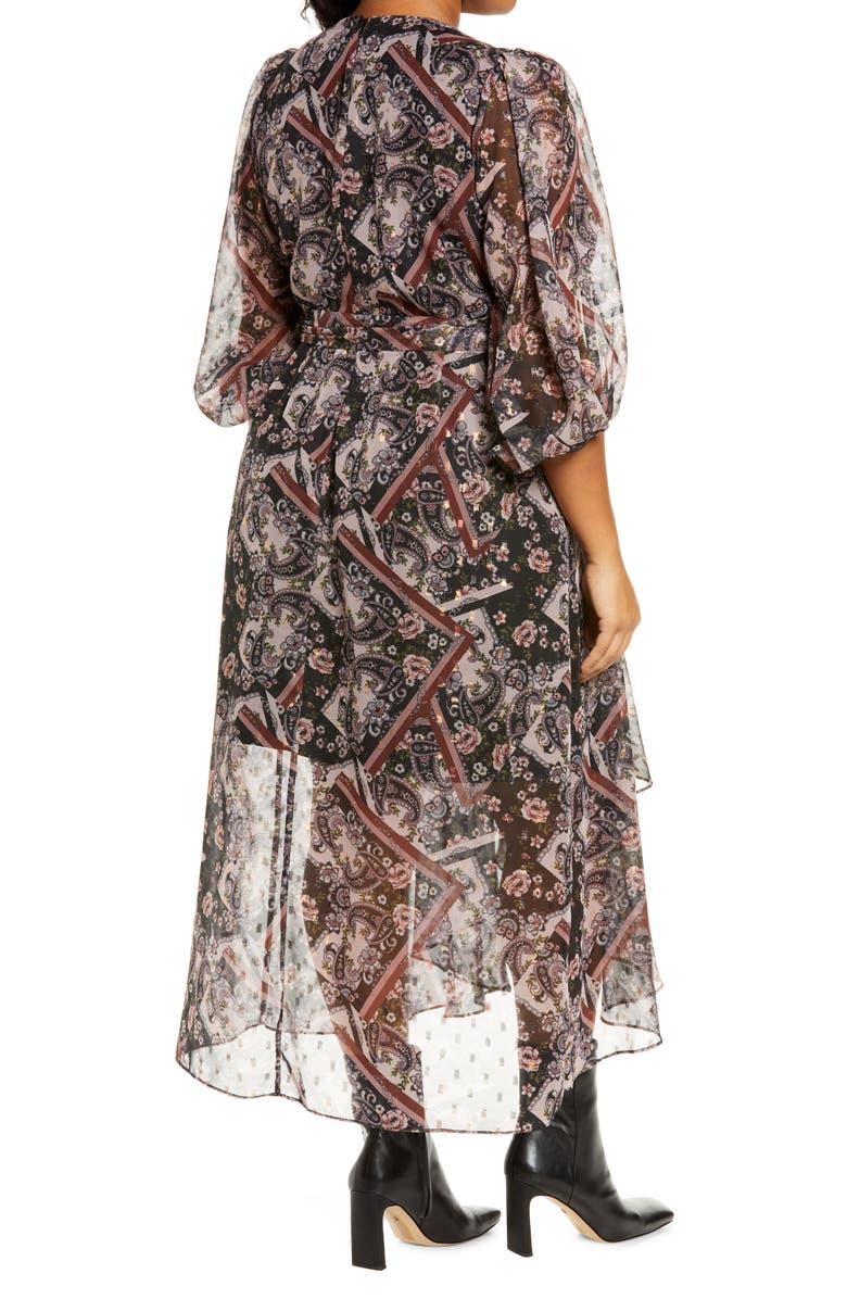 Eliza J Paisley Metallic Dot Chiffon High-Low Dress, Alternate, color, Mauve