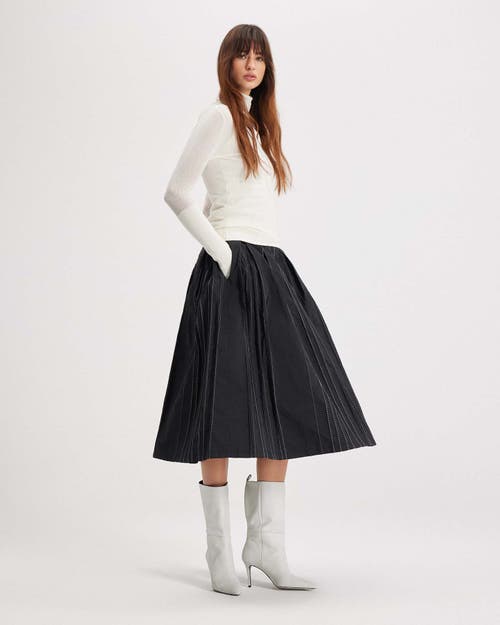 Theo The Label Theia Striped Taffeta Pleated Midi Skirt In Black