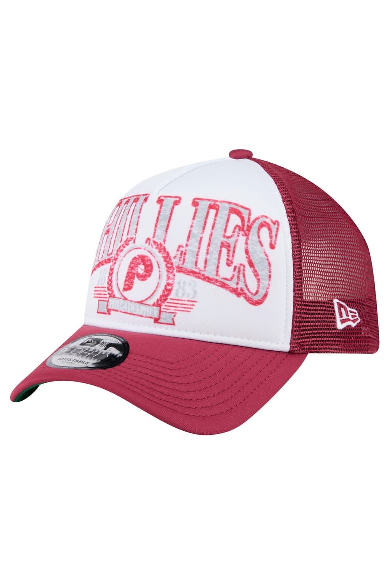 Men's New Era  Red Philadelphia Phillies Distressed 9FORTY A-Frame Adjustable Trucker Hat, Main, color, Red