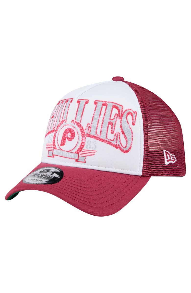 New Era Men's New Era Red Philadelphia Phillies Distressed 9FORTY A-Frame Adjustable Trucker Hat, Main, color, Red