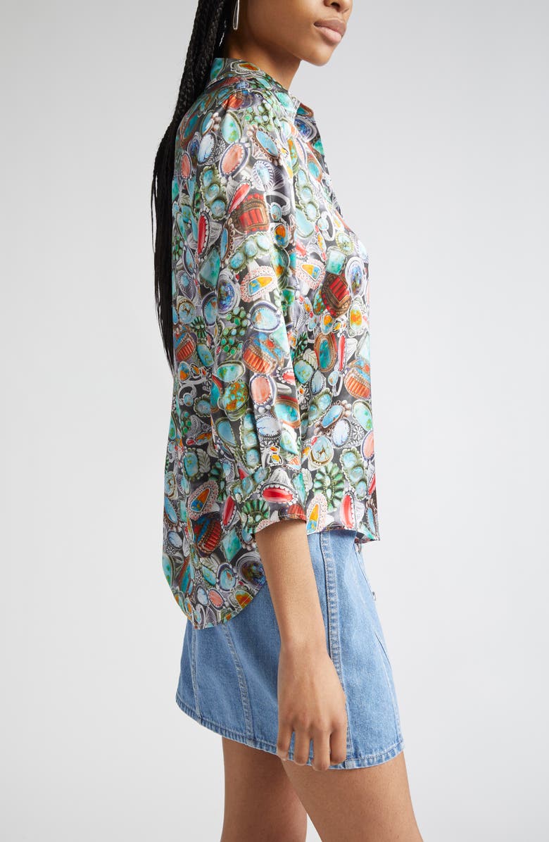 L'AGENCE Dani Mixed Ring Print Silk Button-Up Shirt, Alternate, color, Multi Mix Turquoise Rings