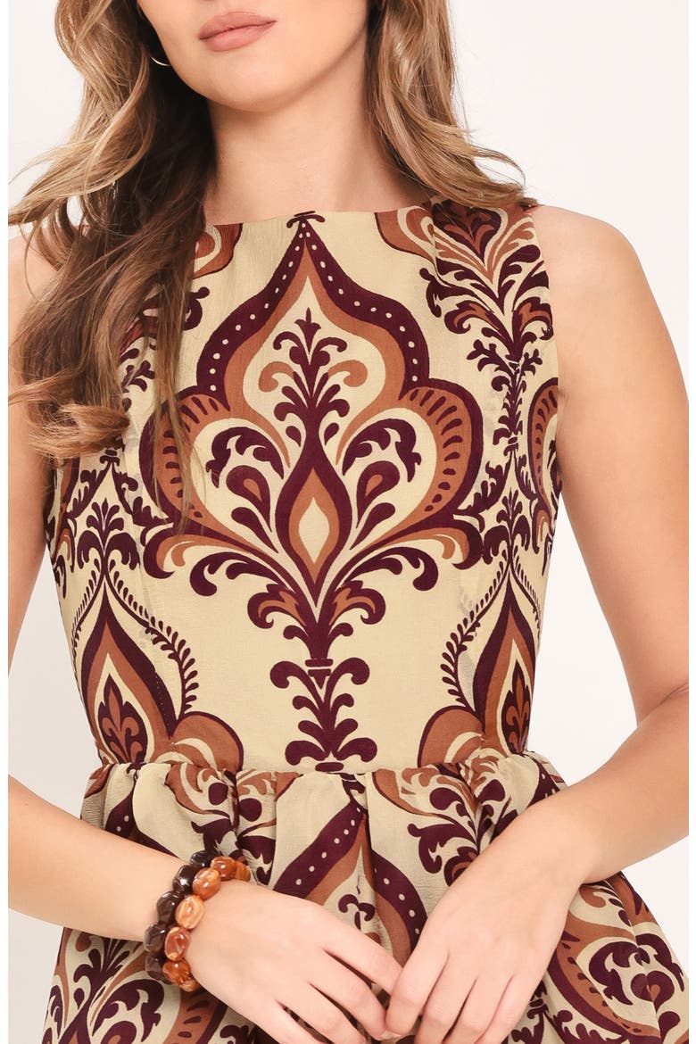 Damask Print Sleeveless Fit & Flare Midi Dress, Alternate, color, TAUPE