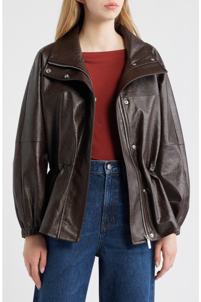 Faux Leather Anorak, Alternate, color, DARK BROWN