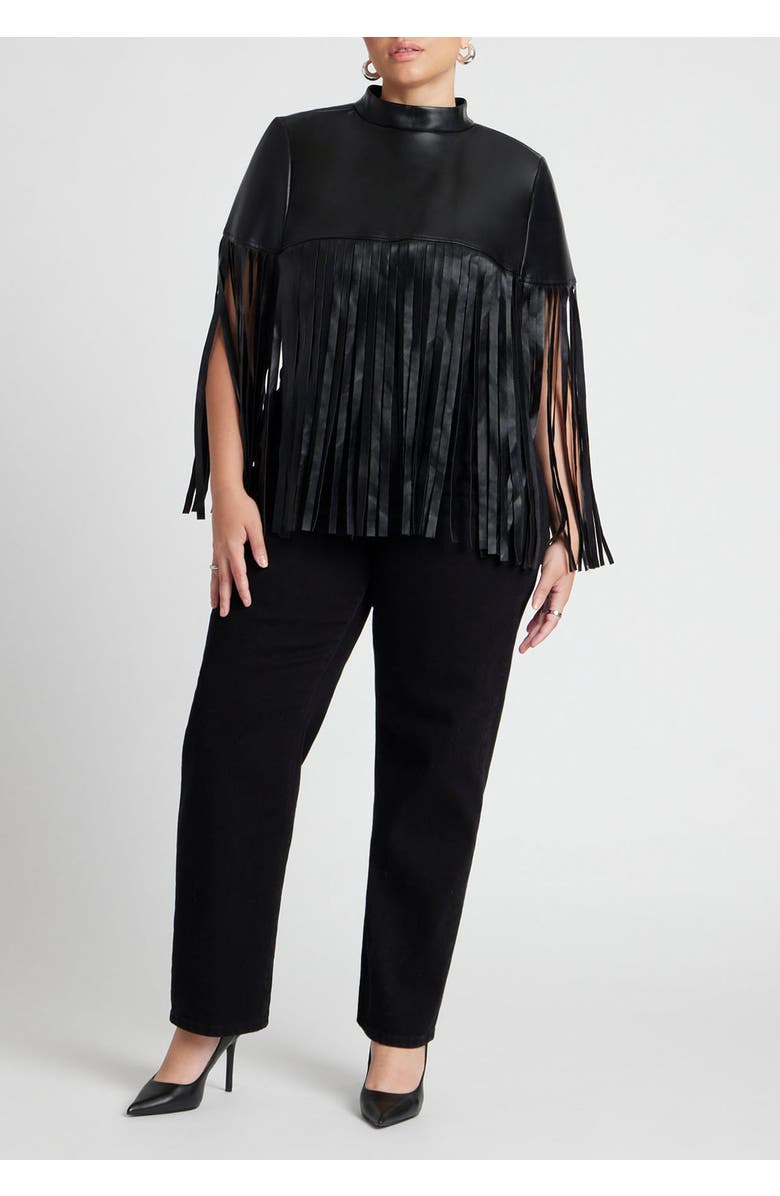 ELOQUII Faux Leather Fringe Cape, Alternate, color, Black Onyx