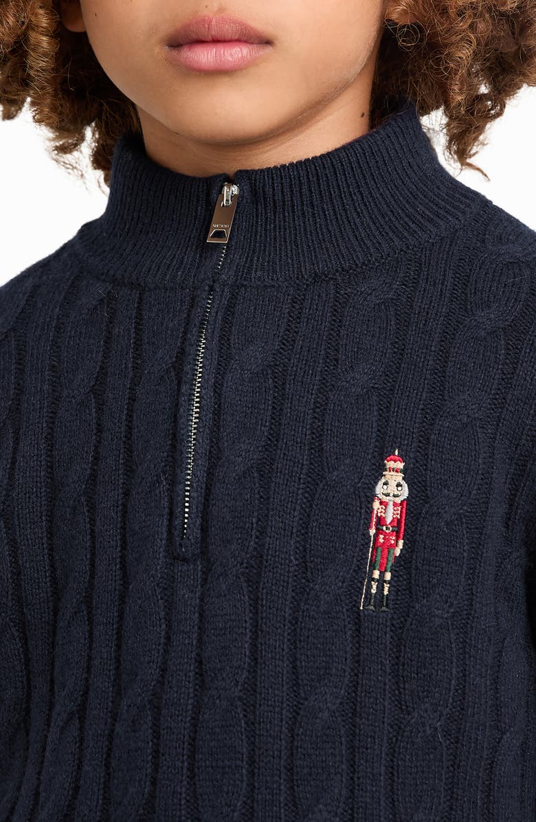 Reiss Kids' Nollaig Embroidered Nutcracker Cabled Quarter Zip Sweater, Alternate, color, Navy Blue