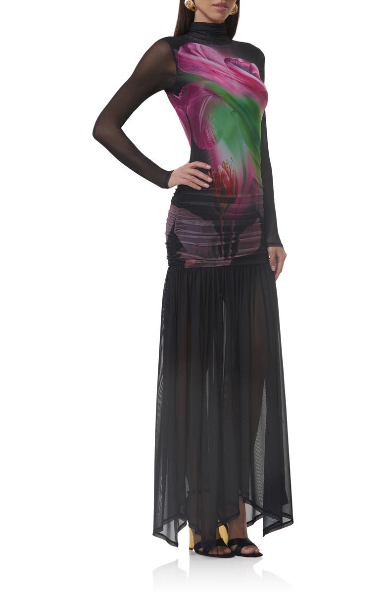 AFRM Joni Sheer Long Sleeve Turtleneck Mesh Maxi Dress, Alternate, color, Pink Peony Blur