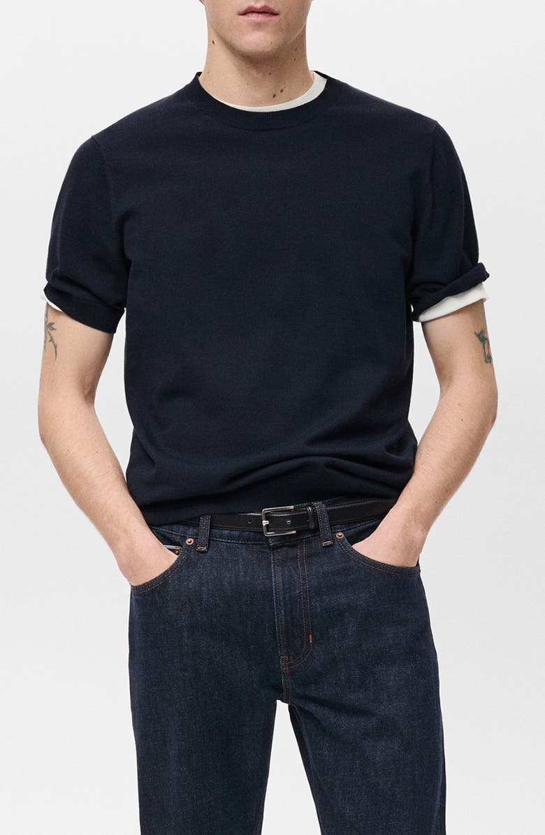 MANGO Short Sleeve Cotton Crewneck Sweater, Main, color, Night Blue