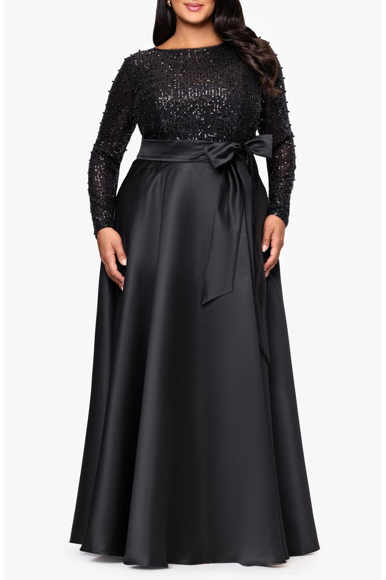 Sequin Bodice Long Sleeve Gown, Main, color, BLACK