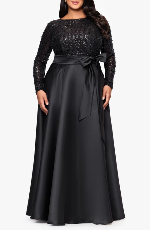 Sequin Bodice Long Sleeve Gown