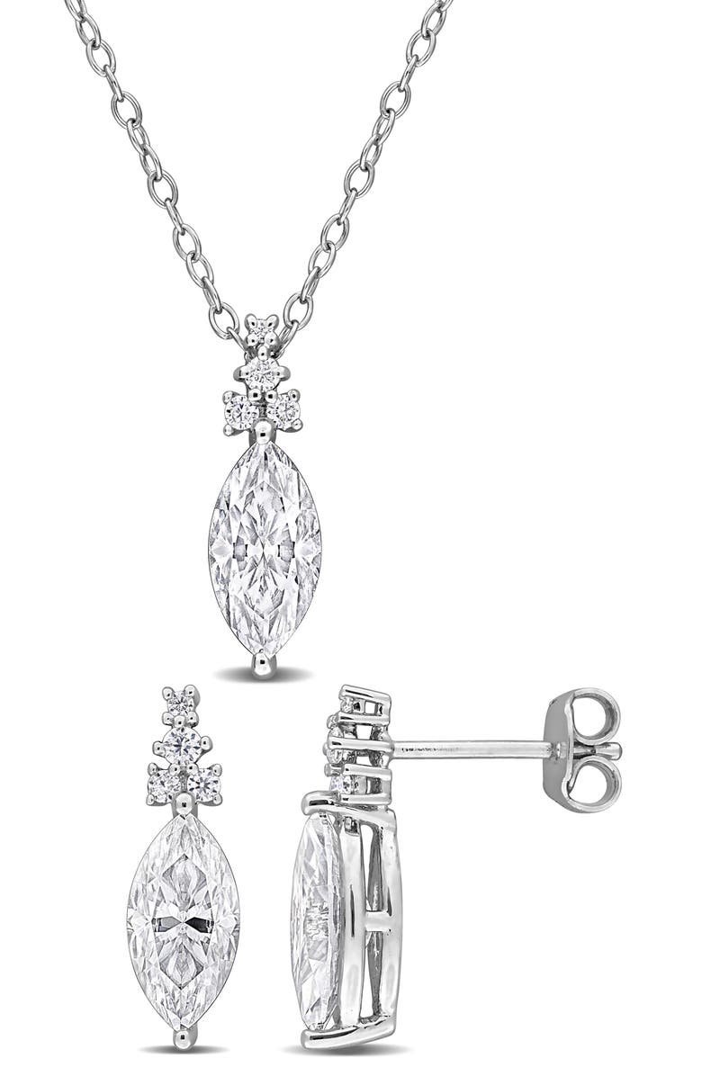 DELMAR Marquis Cut Lab Grown Moissanite Earrings & Necklace Set, Main, color, Silver