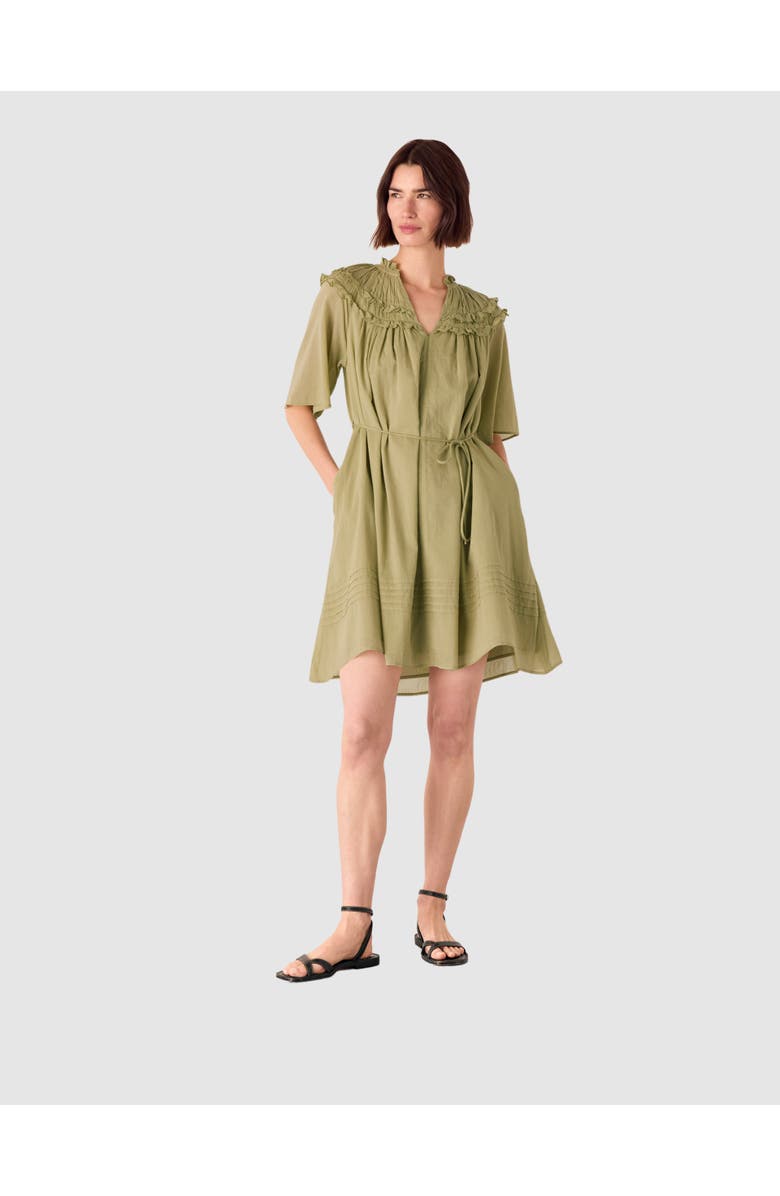 Whistles Short Sleeve Cotton Frill Mini Dress, Main, color, Khaki