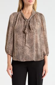 Renee C Animal Printed Tie Neck Blouse