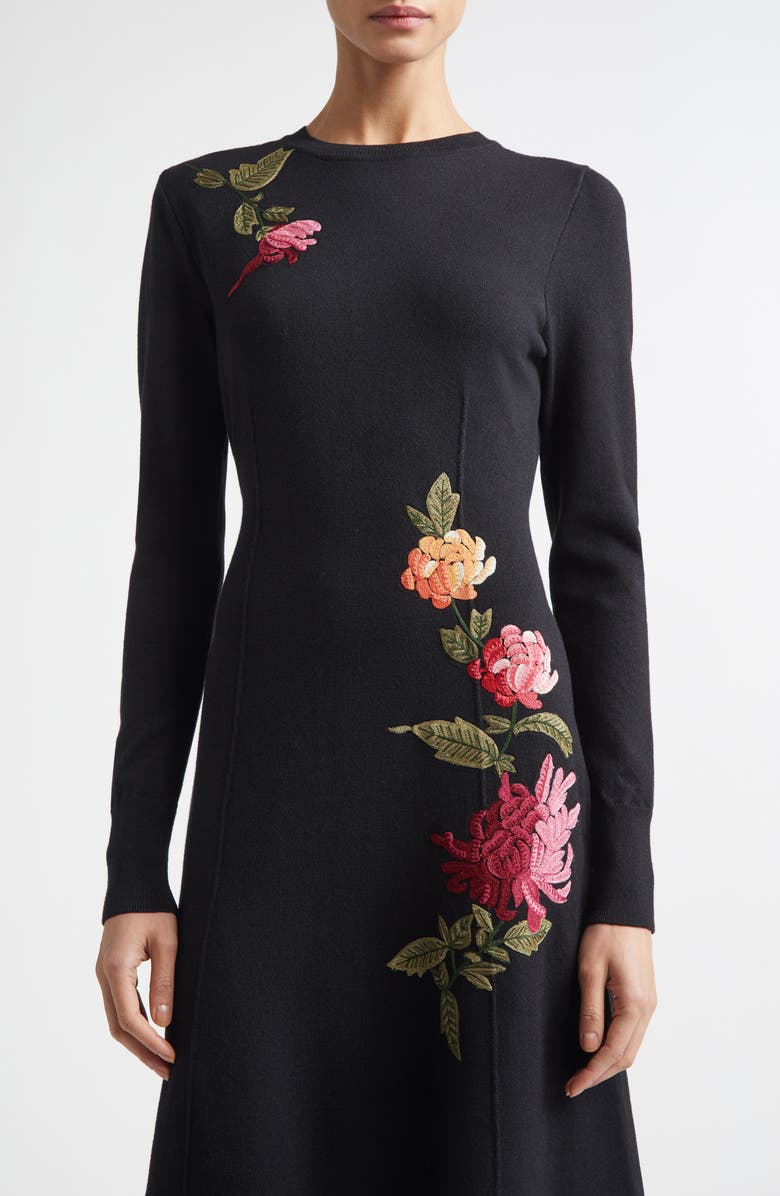 Carolina Herrera Chrysanthemum Embroidered Long Sleeve Jersey Midi Dress, Alternate, color, Black Multi