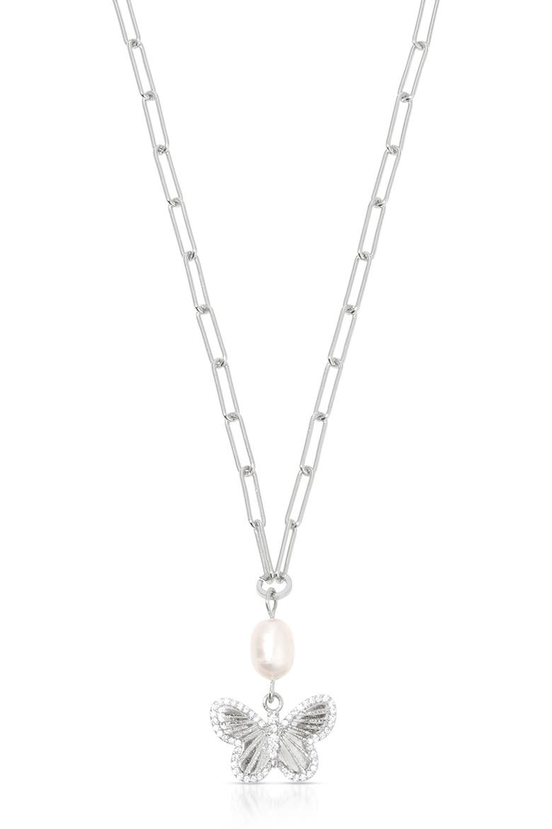 Butterlfy & Freshwater Pearl Pendant Necklace, Main, color, SILVER