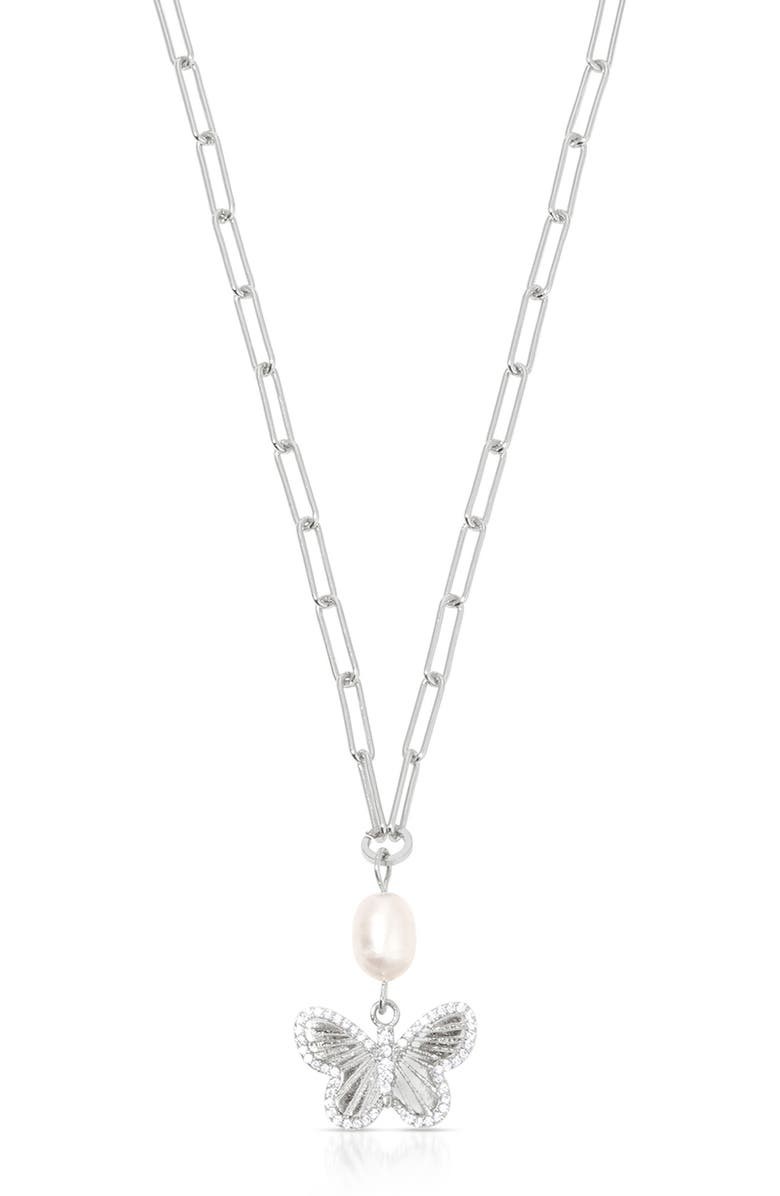 Ettika Butterlfy & Freshwater Pearl Pendant Necklace, Main, color, Silver
