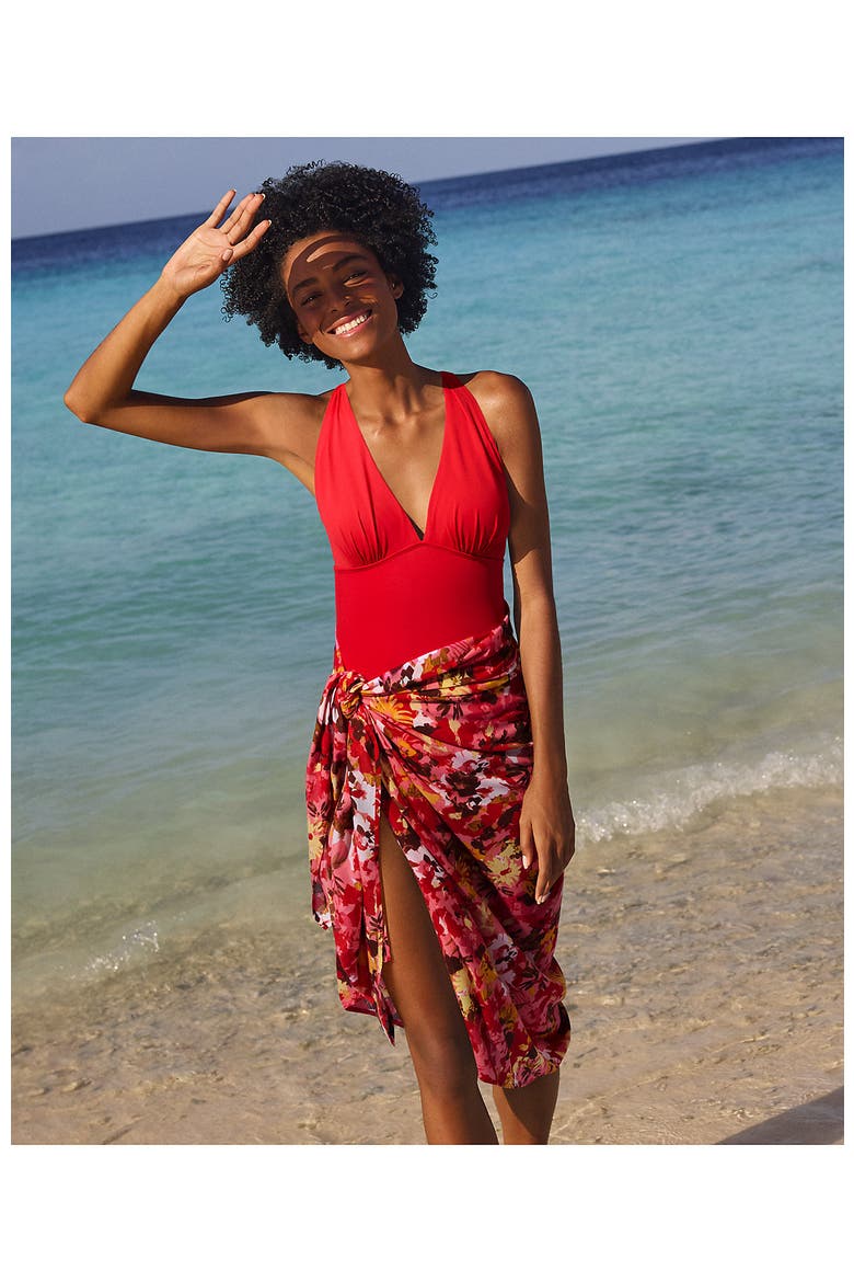 SlenderSuit Halter Ruched Plunge High Leg One Piece Swimsuit, Alternate, color, Daylily Red