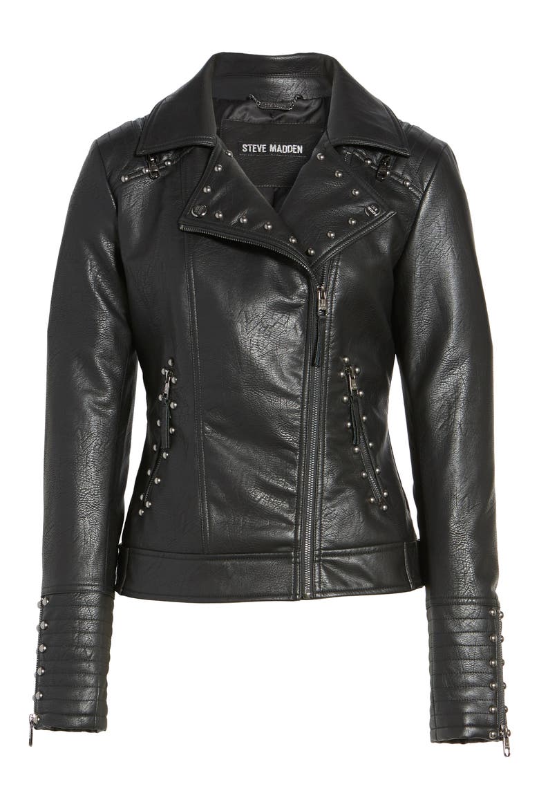 Studded Faux Leather Biker Jacket, Alternate, color, BLACK