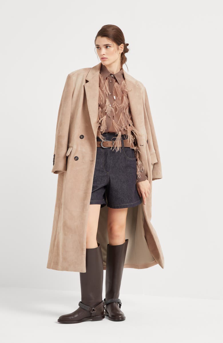 Brunello Cucinelli Crispy silk shirt with dazzling feather embroidery, Alternate, color, 