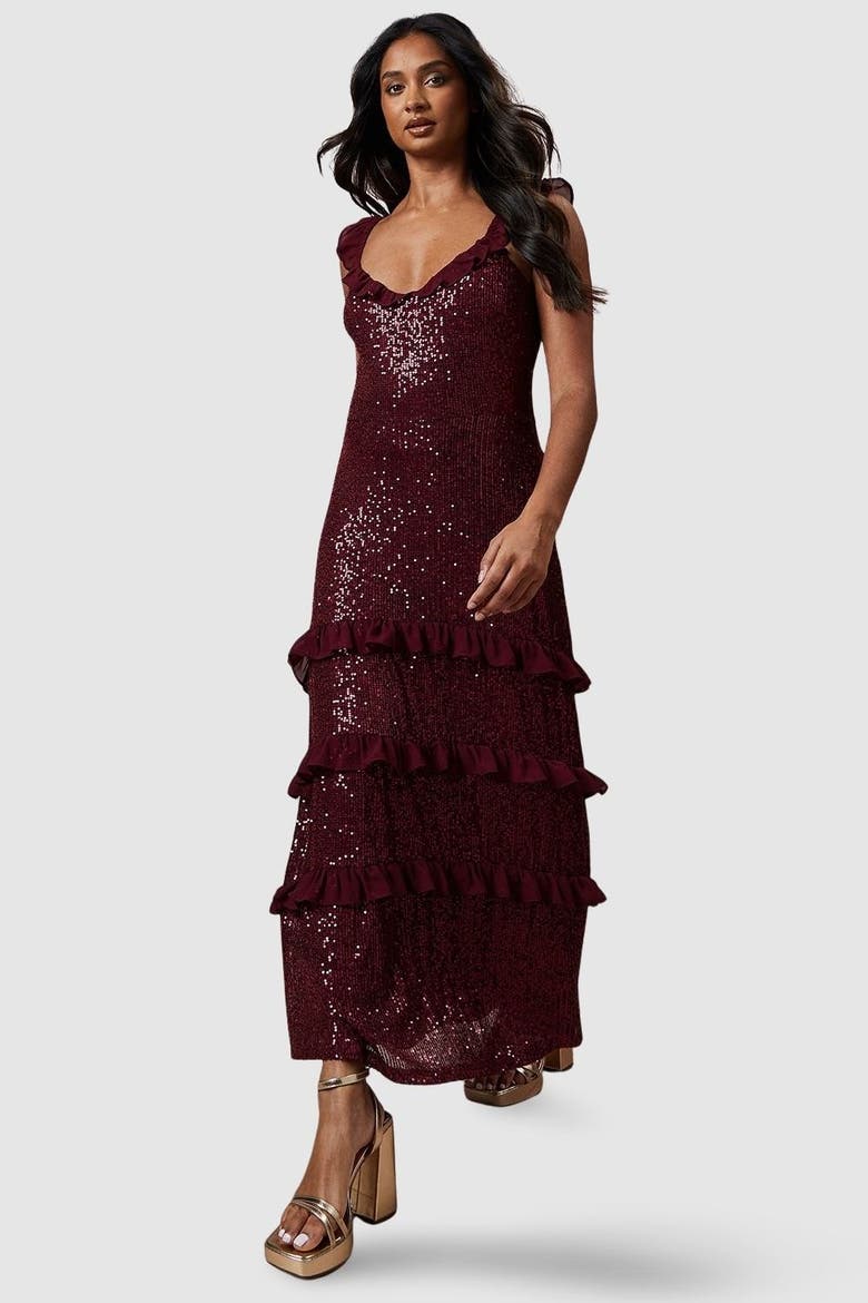 Occasion Sequin Ruffle Midaxi Dress, Main, color, Berry