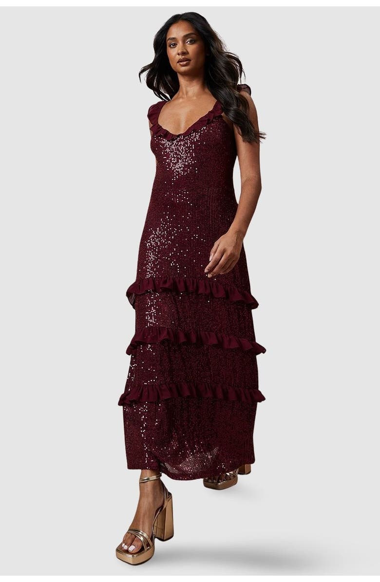 Oasis Occasion Sequin Ruffle Midaxi Dress, Main, color, Berry