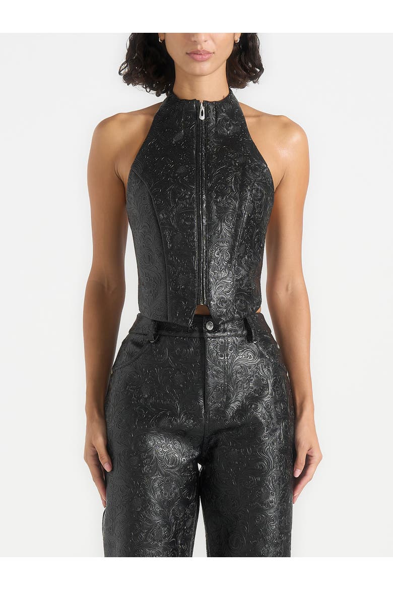 Claudette Embossed Leather Halterneck Backless Top, Main, color, Black