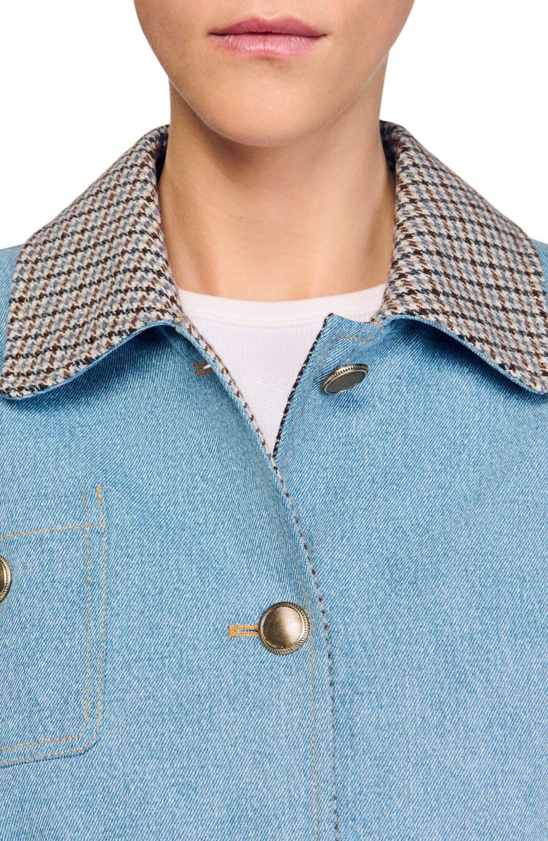 SANDRO Plaid collar denim jacket, Alternate, color, Blue Jean