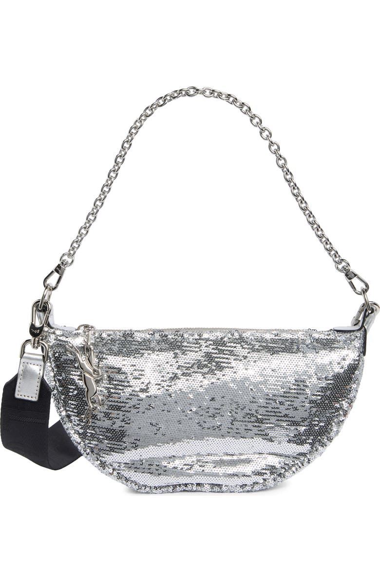 Longchamp Smile Glitter Sequin Half Moon Convertible Crossbody Bag, Main, color, Silver
