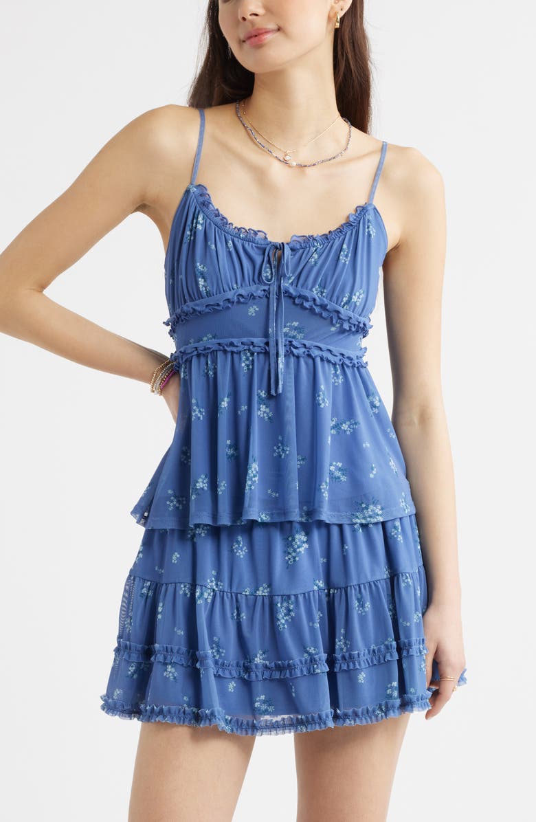 BP. Floral Mesh Ruffle Trim Camisole, Main, color, Blue Colony Meadow Clusters