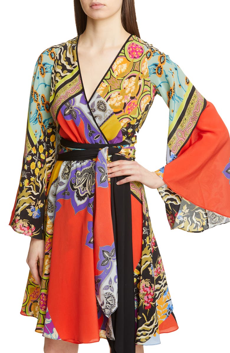 Etro Collage Print Silk Wrap Dress, Alternate, color, 