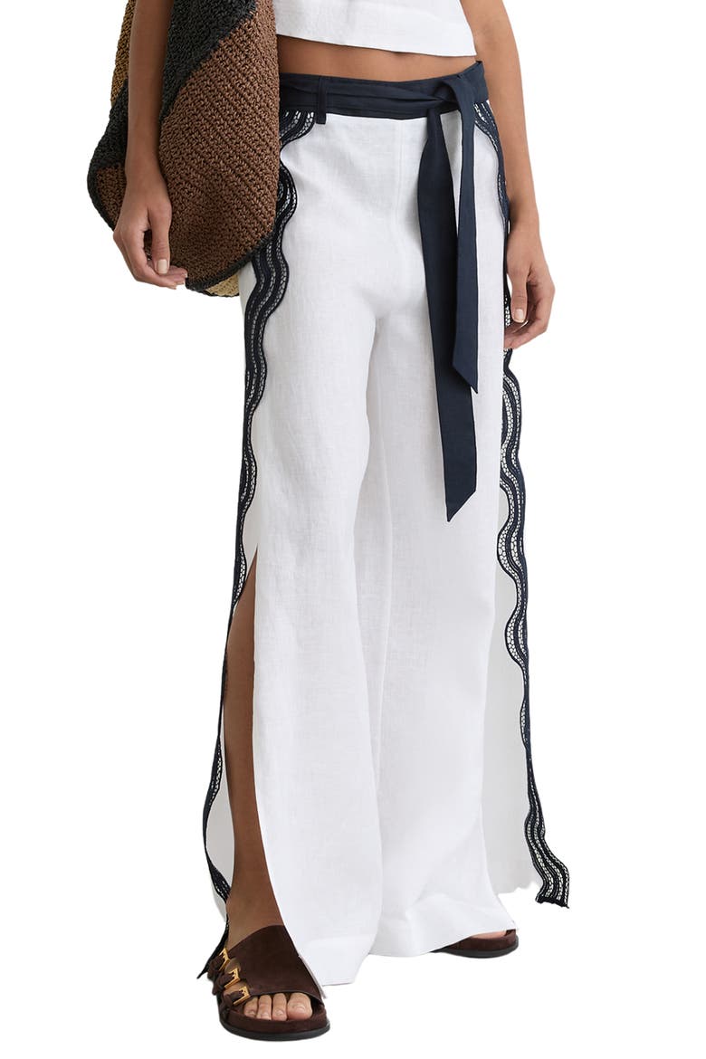 Farah Embroidered Linen Pants, Alternate, color, IVORY/ NAVY