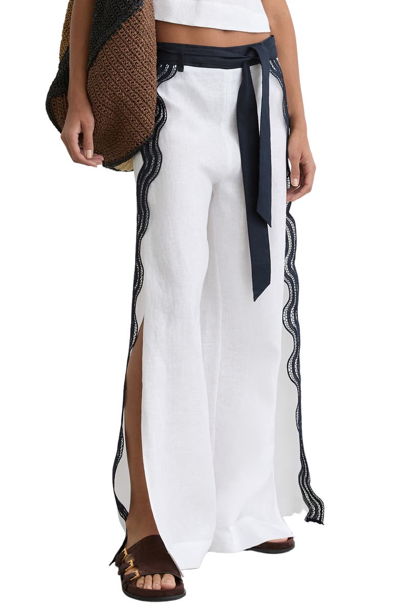 Reiss Farah Embroidered Linen Pants, Alternate, color, Ivory/ Navy