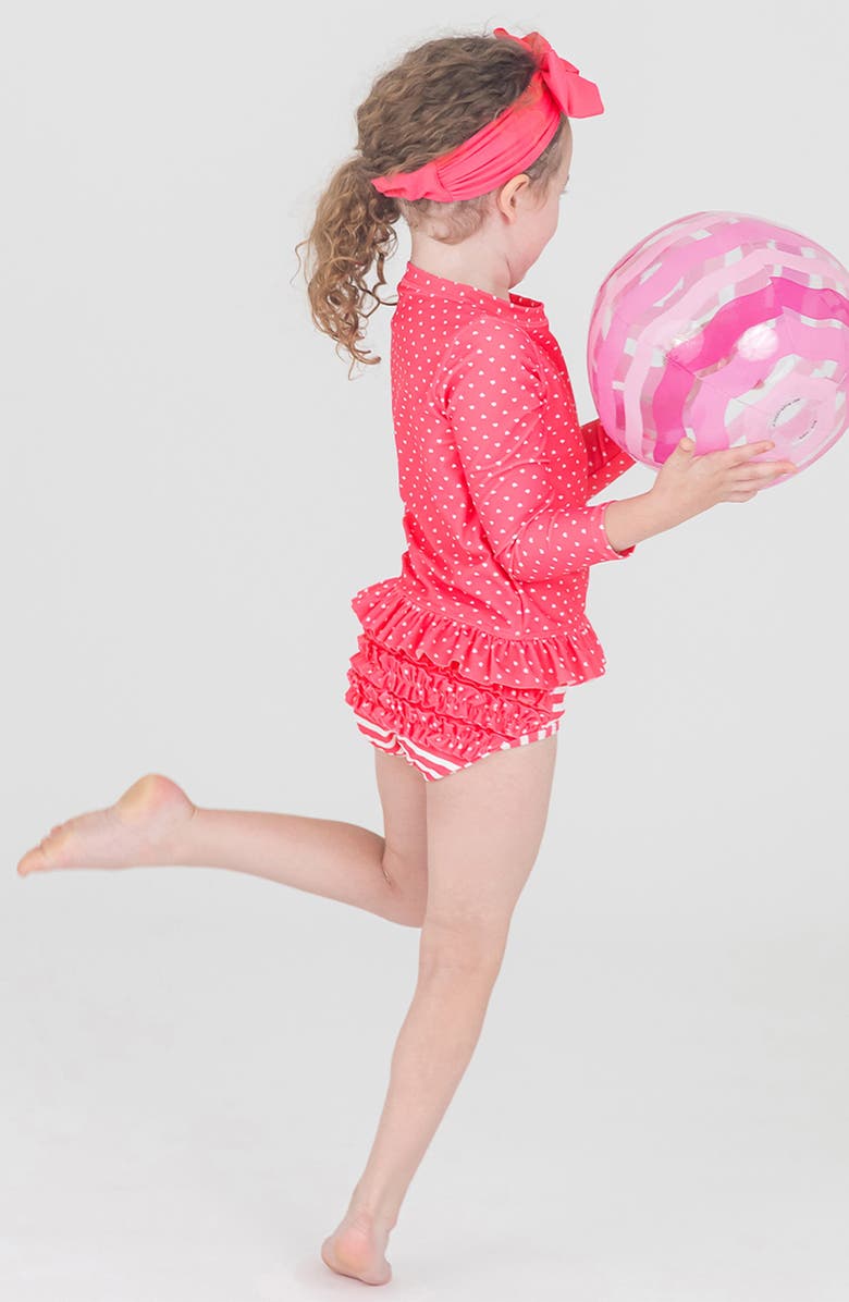 RuffleButts Two-Piece Rashguard Swimsuit & Hat Set, Alternate, color, 